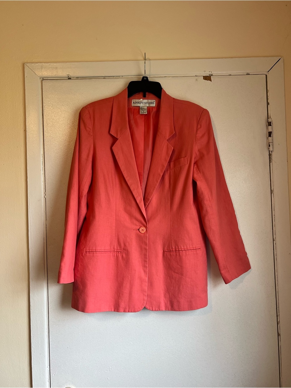 Adolfo Studio Coral One Button Closure Linen Blend Blazer Size 10 Vintage Career